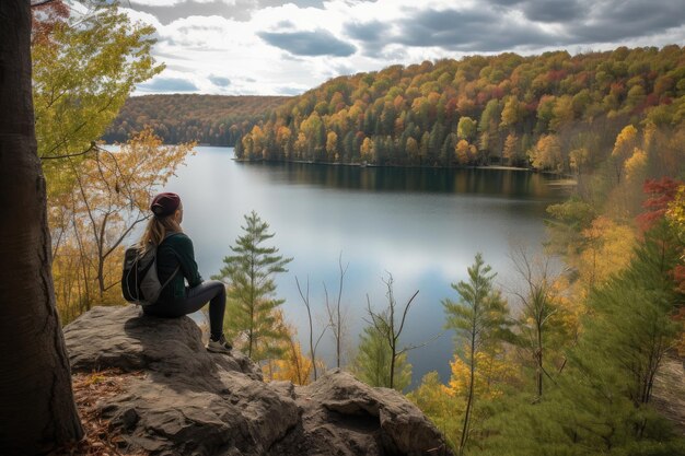 Personne prenant une pause du sentier et profitant de la vue sur un lac créé avec une IA générative