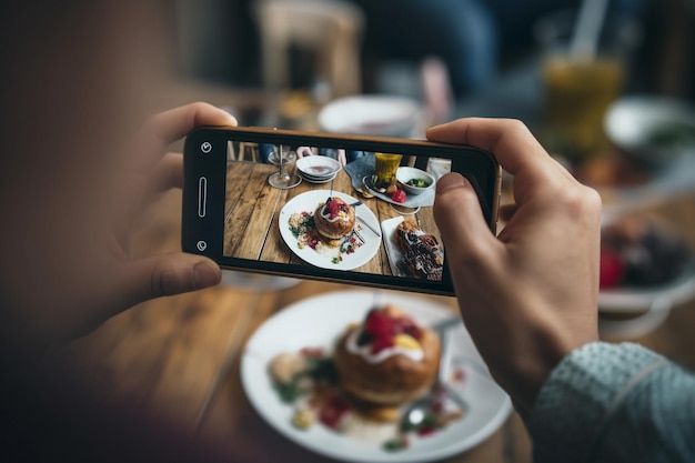 Une personne prenant une photo de nourriture et la partageant sur les réseaux sociaux