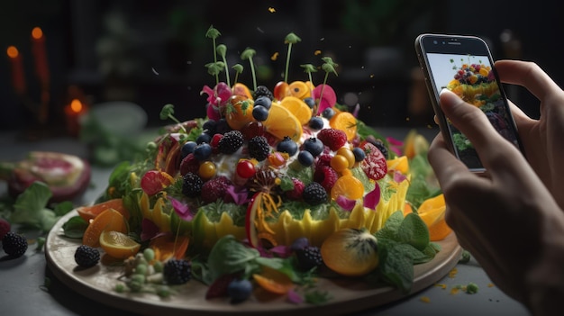 Une personne prenant une photo d'une salade avec un téléphone prenant une photo d'une salade de fruits.