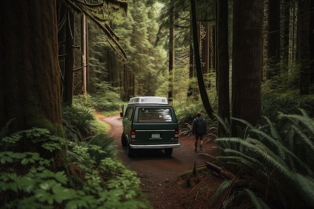 Personne prenant la route à travers une forêt verdoyante avec une camionnette garée à proximité créée avec une IA générative