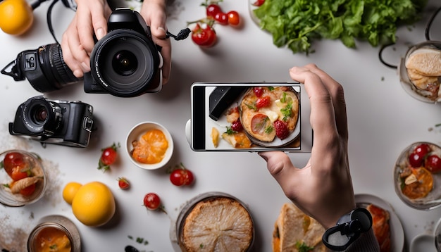 une personne prend une photo de la nourriture et un appareil photo avec un appareil photo sur la table