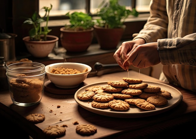 Photo une personne préparant des biscuits faits maison au beurre de cacahuète dans une cuisine