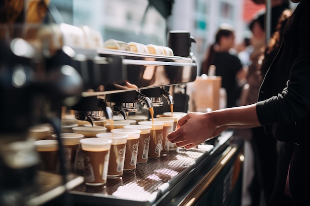 Personne préparant du café à emporter dans une machine à café IA générative