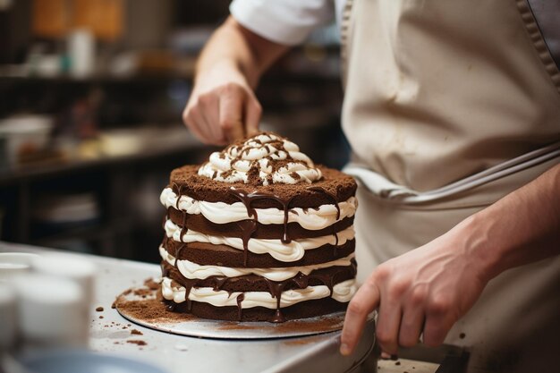 Personne préparant un petit gâteau avec des couches de chocolat et de vanille