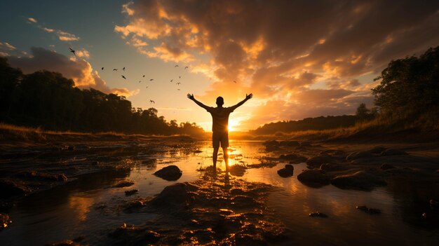 Une personne priant Dieu dans un endroit paisible au coucher du soleil