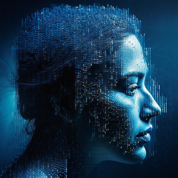 Personne principale 3D et intelligence artificielle humaine du profil généré par ai technologie future et ingénierie d'apprentissage automatique Visage abstrait femme de transformation futuriste et numérique sur fond bleu