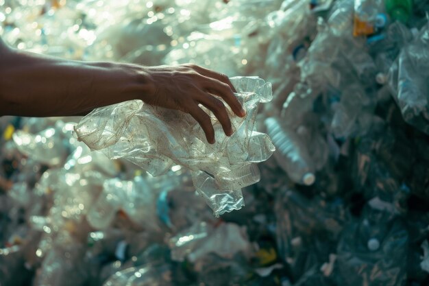 Photo une personne qui cherche une bouteille en plastique dans une pile de bouteilles en plastique