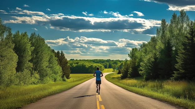 Une personne qui court sur une route avec un ciel bleu et des nuages en arrière-plan.