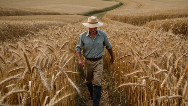 Une personne qui marche dans un champ de blé doré.