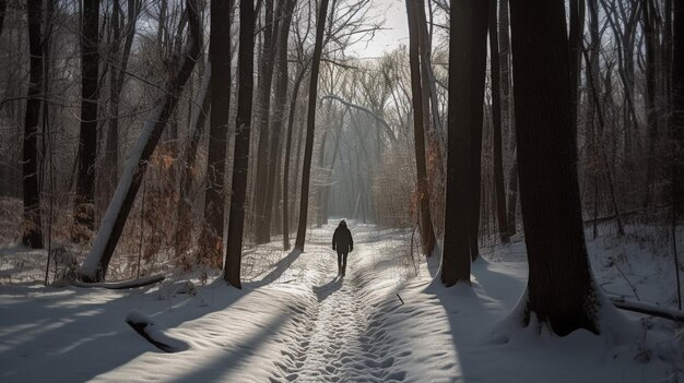 Une personne qui marche dans la neige avec le soleil qui brille dessus.