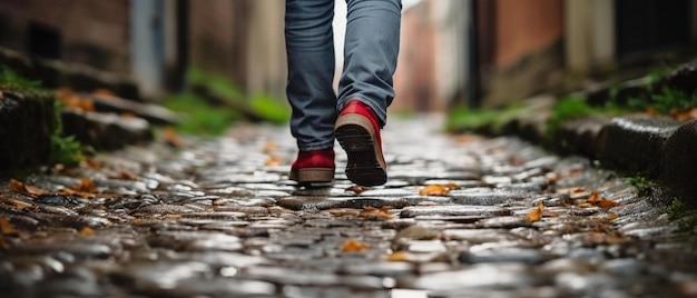 une personne qui marche dans une rue pavée