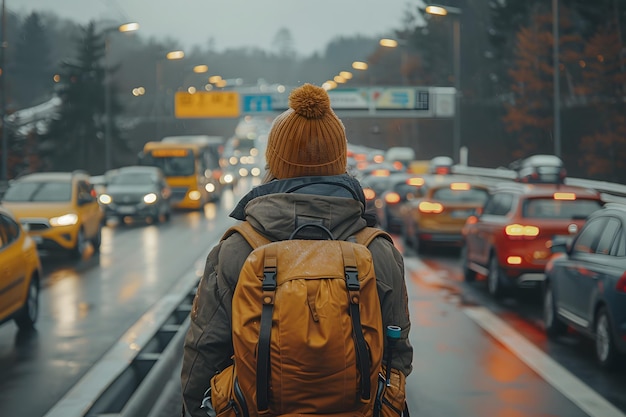 Une personne qui marche dans la rue avec un sac à dos