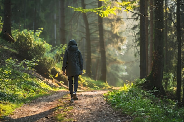 Une personne qui marche sur un sentier dans les bois.