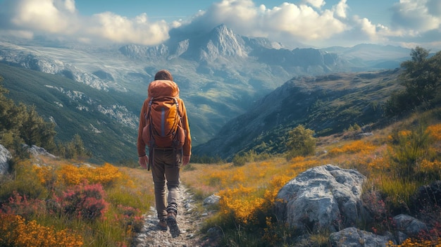 Une personne qui marche sur un sentier dans les montagnes avec un sac à dos