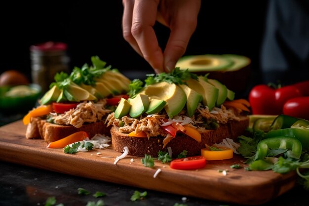 Une personne qui met de l'avocat sur un sandwich