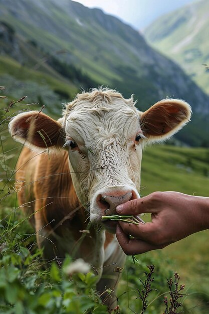 Une personne qui nourrit une vache d'herbe dans un champ