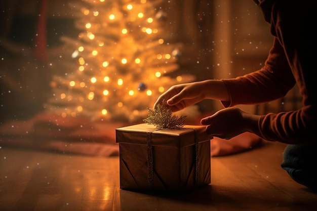 une personne qui place un seul cadeau sous un sapin de noël