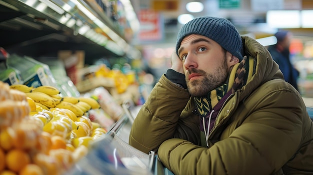 Une personne qui s'ennuie en attendant dans la file à l'épicerie