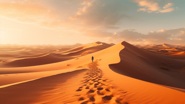 Une personne qui traverse le désert au coucher du soleil