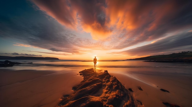 Une personne qui voit le coucher du soleil debout sur la plage AI générative