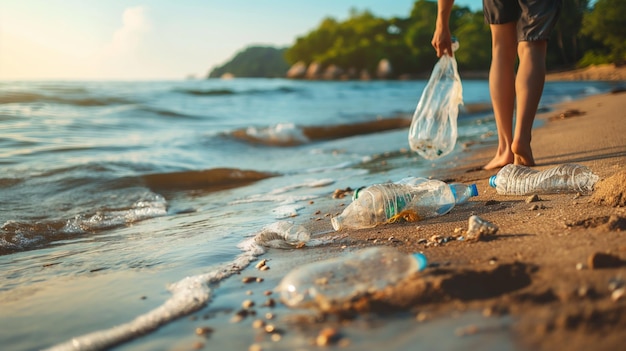 Une personne ramassant des déchets plastiques sur une plage vierge Conservation de l'environnement