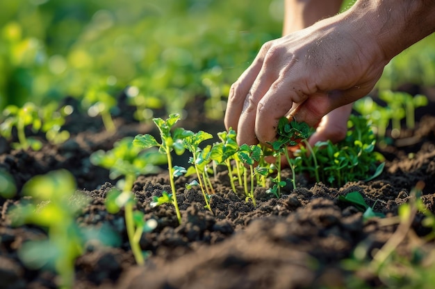 Une personne ramasse une plante dans la terre.