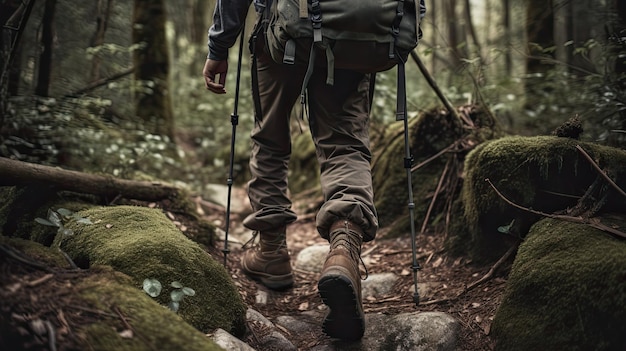 Une personne en randonnée dans une forêt avec un sac à dos et des bâtons de randonnée