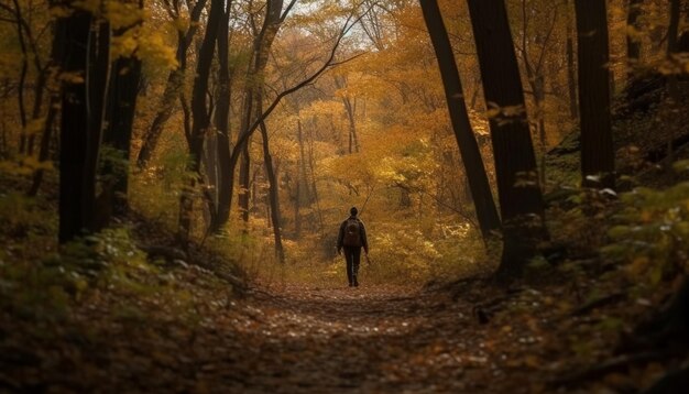 Une personne en randonnée dans une paisible forêt d'automne générée par l'IA