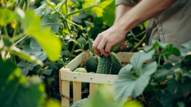 une personne récoltant des concombres frais dans une caisse en bois dans un jardin ensoleillé