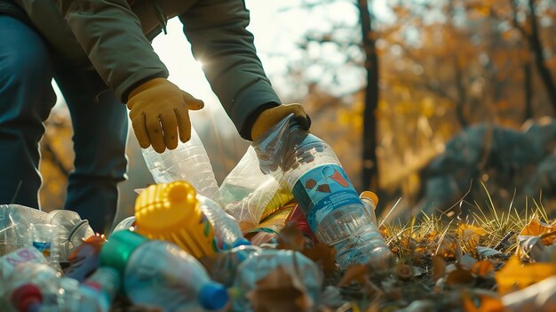 Une personne recueille des déchets plastiques, y compris des bouteilles avec un espace vide pour le texte, un concept de sauvetage de l'environnement.