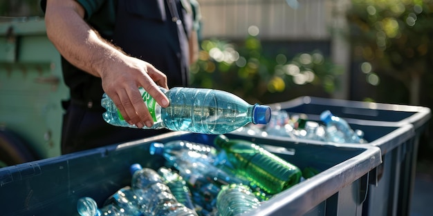 Photo une personne recycle des bouteilles en plastique dans une benne à recyclage