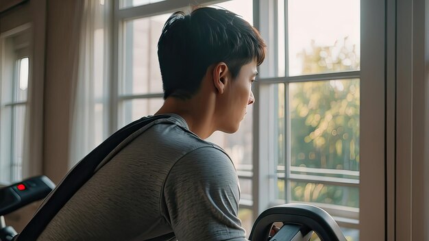 personne regardant par la fenêtre tôt le matin un jeune homme utilisant un vélo d'exercice pour le dos cardio