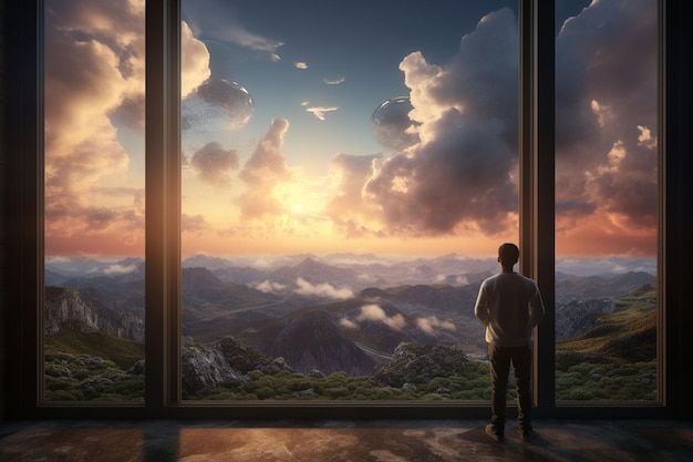 Une personne regardant un paysage à travers une fenêtre