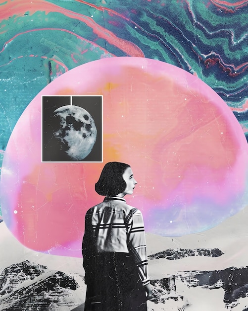 une personne regarde une photo de la lune et une photo d'une personne