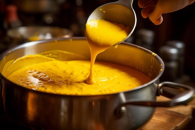 une personne remue une casserole de nourriture avec une cuillère.