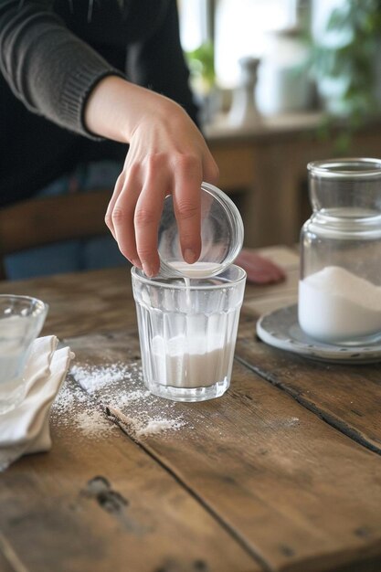 une personne répand du sucre dans un verre