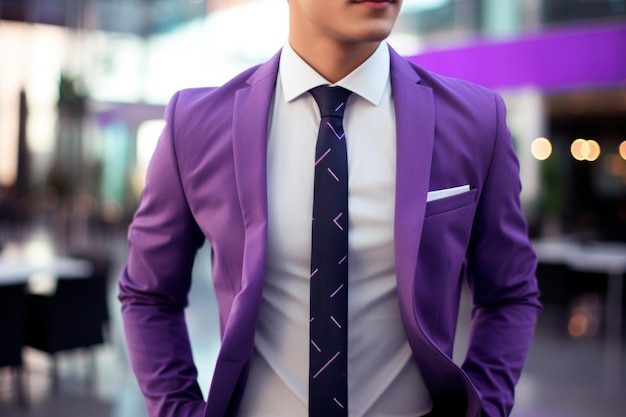 Personne riche élégante homme adulte européen homme d'affaires prospère portant un costume violet cravate chemise style