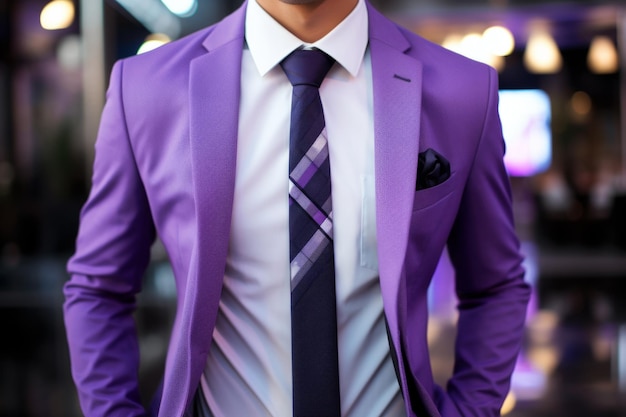 Personne riche élégante homme adulte européen homme d'affaires prospère portant un costume violet cravate chemise style