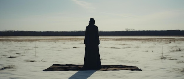 Photo une personne en robe noire se tient devant un lac gelé