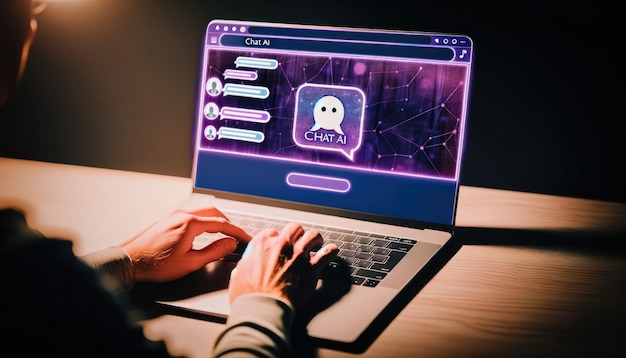 Une personne s'engage avec une interface holographique d'intelligence artificielle avancée sur son ordinateur portable dans une pièce faiblement éclairée
