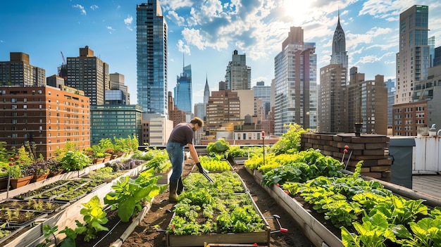 Une personne s'occupe d'un jardin sur le toit dans un environnement urbain