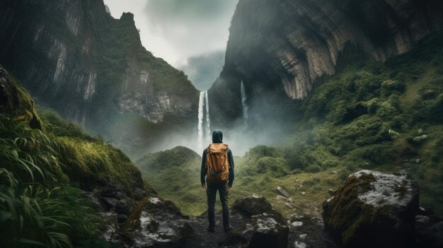 Personne avec un sac à dos regardant la cascadexA