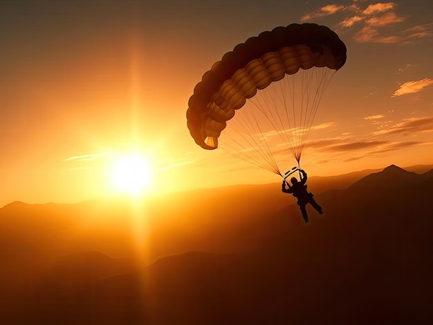 Une personne saute en parachute devant un coucher de soleil.