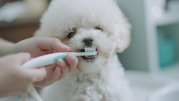 Une personne se brosse les dents d'un chien blanc et moelleux avec une brosse à dents