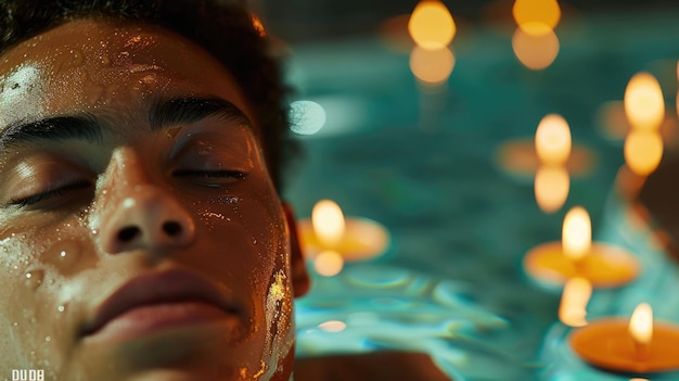 Photo la personne se détend dans le spa et entourée de bougies et flotte sur l'eau aig