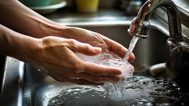 Une personne se lave les mains à l'eau et au savon.