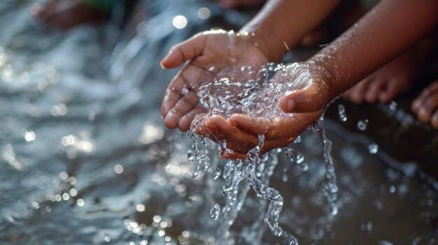 Une personne se lave les mains avec de l'eau d'un ruisseau.