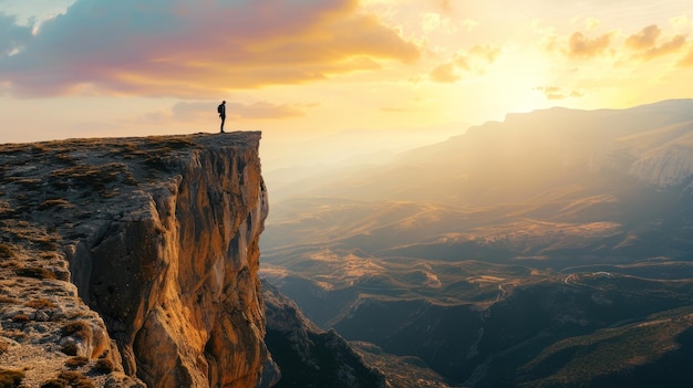 Une personne se tient sur le bord d'une falaise surplombant un vaste paysage baigné par la lumière dorée du coucher de soleil.