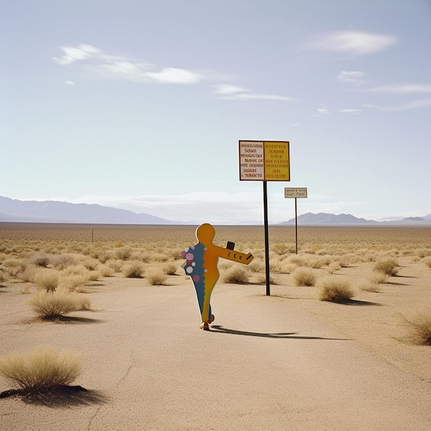 Une personne se tient dans un désert avec un panneau disant " pas de stationnement ".
