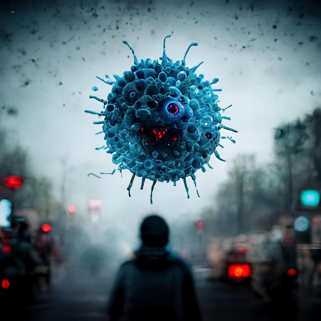 Une personne se tient dans la rue avec un virus bleu sur le visage.